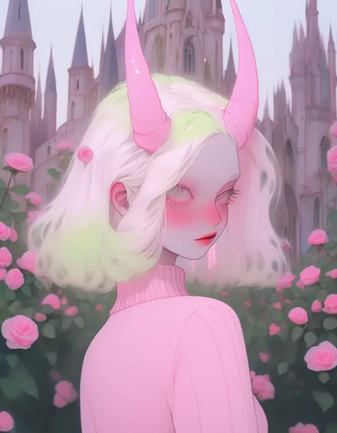 albino demon girl standing with ( green curls hair:1.3) , walking through pink rose bushes and castle in the distance, pink turtleneck sweater with (tulle skirt:1.2), braces, chewing gum , winking ,(long intricate horns:1.2) sneakers with socks,