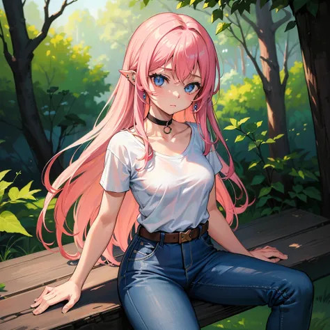 (((highest quallity))), 1 girl, alone, in a dense forest, sitting on a log, social white t-shirt, jeans,face detailed, Thin arms,ideal female body, gazing at viewer, long pink hair, blue colored eyes, glad, nblurry background,(((medium breasts: 1.2))), cho...