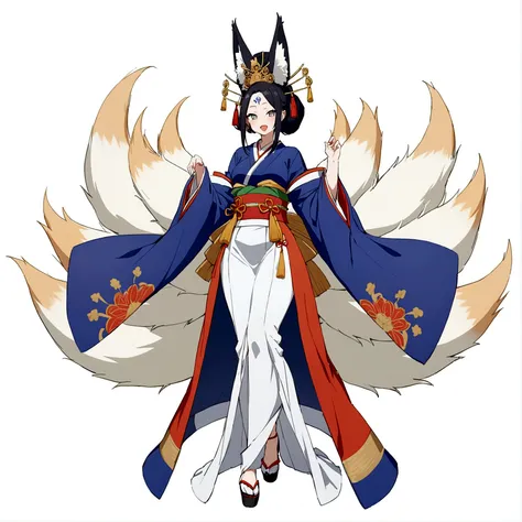 vtuber design, open mouth wide, image of a woman anime, image of a woman anime, virtual YouTuber, full body shot, standing, foot wear, high quality, masterpiece, flat, simple white background, white and blue kimono, gorgeous kimono, oiran, black long hair,...