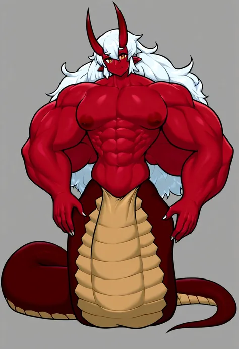 Lamia girl, white long hair, oni horns, red skin, gigantic demon wings, gigantic muscular body, gigantic penis with big balls, 4 arms, full body.