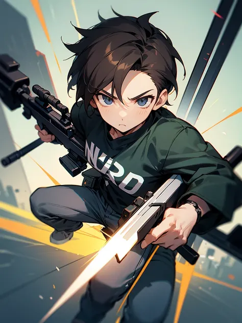 a male character, chibi size,dynamic poses, with a sniper rifle, details on the face, wearing casual clothes.