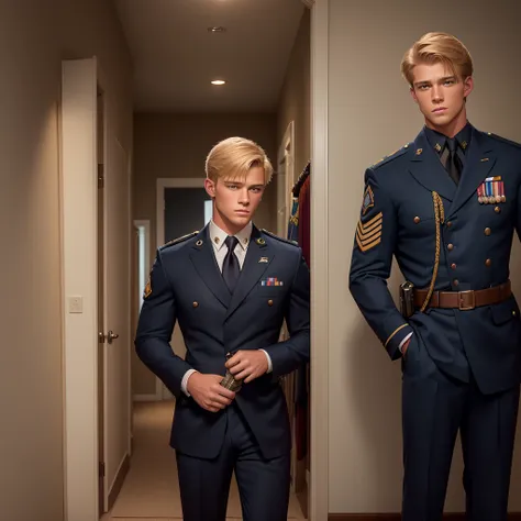 a handsome blond 17-year-old looks at the navy seal's dress uniform with awards, which hangs on a suit hanger on the floor, and ...