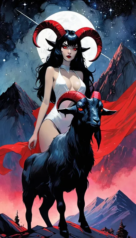 1 big black satanic goat with red eyes and 1 sexy girl with black hair, dark mountain, sinister, stars, background, art inspired by Bill Sienkiewicz
