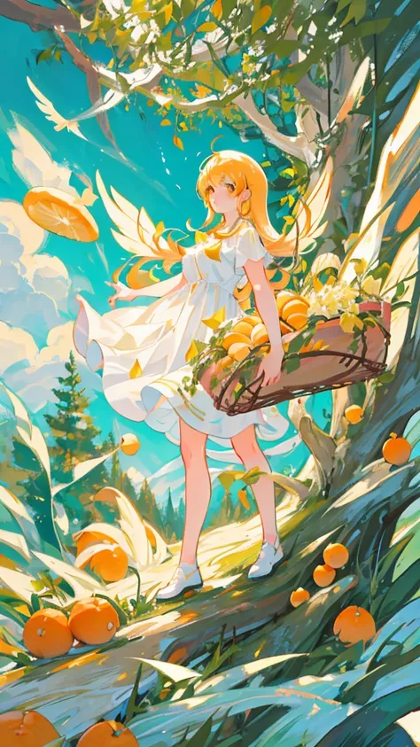 Showing the whole body, cute, baby face, big breasts, flying in the sky, in the forest, simple white dress, long hair, alone, short, fairy wings, honey blonde hair, lemon tree, orange eyes 