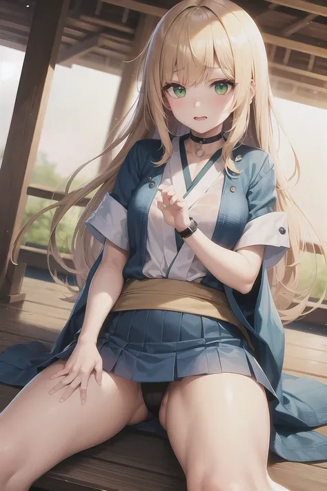 masterpiece, Highest quality, Perfect lighting, Facial lighting, Blonde, choker, Green Eyes, Long Hair, mini skirt, Wet shirt, Japanese ,blush, BREAK Watch Viewers, Outdoor rest, Sexy pose, Dog Pose,