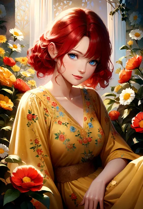 Anime-style realistic illustration of a woman with vibrant red hair reclining luxuriously against a floral-patterned background, wearing a yellow dress with flower motifs, and a serene expression with a light smile and striking blue eyes.