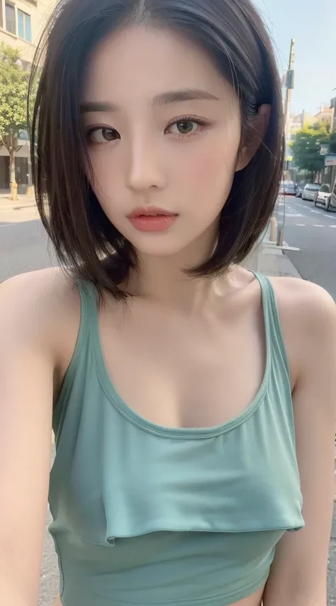 ((Best quality, 8k, Masterpiece :1.3)), Sharp focus: 1.2, Perfect Body Beauty: 1.4, Slim Abs: 1.2, ((Layered hairstyle: 1.2)), (Tank top shirt:1.1), (Street: 1.2), Highly detailed face and skin texture, Fine eyes, Double eyelids, close up