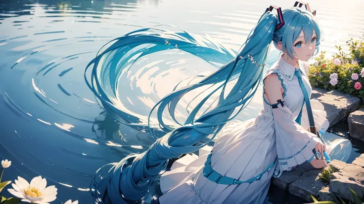 Hatsune Miku wearing a long transparent dress、Playing the harp by a quiet lake。In the background is a calm water surface.、Flowers illuminated by the morning sun々is spreading、Her light blue hair is soft and shiny.。