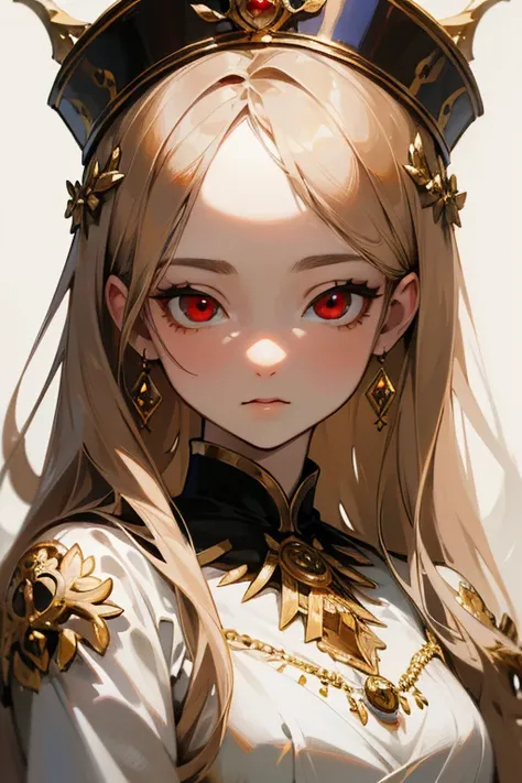 (Highest quality, masterpiece:1.2), High resolution, Very detailed, Realistic:1.37, Fantasy, An illustration, Red eyes, Queen, White Dress.The image of the face remains the same、Pupils are black、Gold decoration、Strong details、