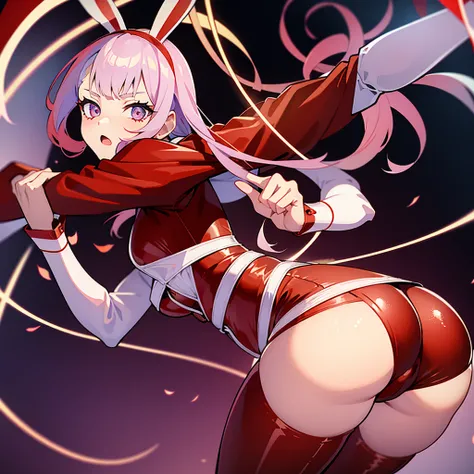 outrageous, best qualityer, 1 girl, standing alone, Red hair, purples eyes, long hair, big fit ass, oh Rabbit, bunny ears, red corset, gakuran, aprons, red ribbons around the neck, red skirt, headband, manga curta, wrist cuffs, white thigh highs, the jingl...