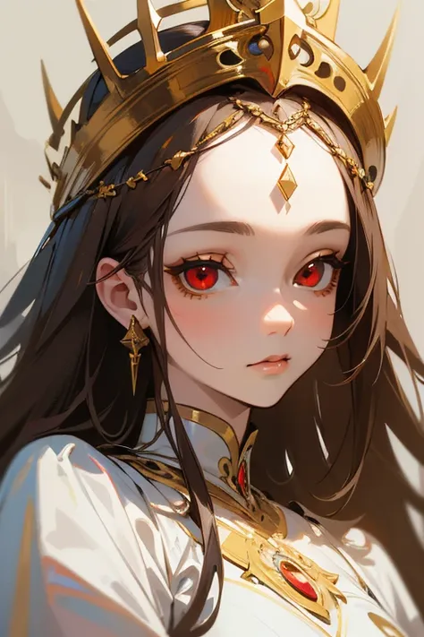 (Highest quality, masterpiece:1.2), High resolution, Very detailed, Realistic:1.37, Fantasy, An illustration, Red eyes, Queen, White Dress.The image of the face remains the same、Pupils are black、Gold decoration、Strong details、(Hair is white)