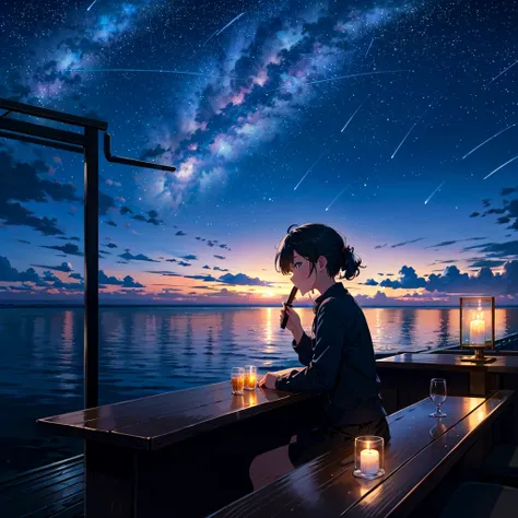 Bar in the sky, 1girl, solo, alone, sitting at bar counter, from side, drinking, (ocean:1.3), candles, starry sky, shooting stars, masterpiece, best quality, ultra detailed,bar
