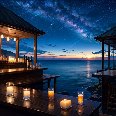 Bar in the sky, 1girl, solo, alone, sitting at bar counter, from side, drinking, (ocean:1.3), candles, starry sky, shooting stars, masterpiece, best quality, ultra detailed,bar
