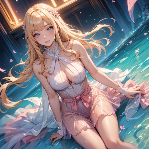 A large amount of sweat drips from the forehead,　Overall orange background in the evening　Sunset sunlight,Full body depiction on screen,　Glaring Eyes　Showing disgust　Huddle together　Blonde Long Hair　anime　Primary school students　Romanesque style　 Super Cur...