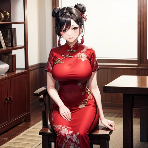 Mature Woman　Wearing a red Chinese dress､肉まんを作っているMature Woman　Large Breasts　Black Hair　Bun Hair