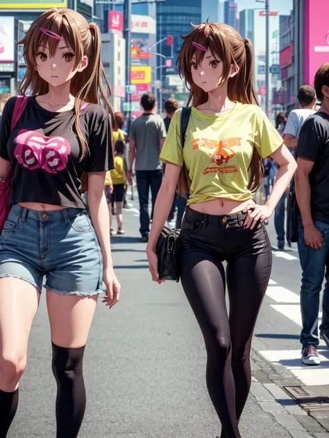 girl, slim tight t-shirt, short tight short, navel shown, street background, openlegs, shinjuku