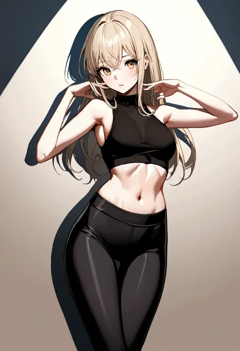 Graceful anime woman with a slender body shape, shes wearing a leggings and a crop top, fine details making up the shape, digital painting, ultra fine, soft shadows, vivid highlights.