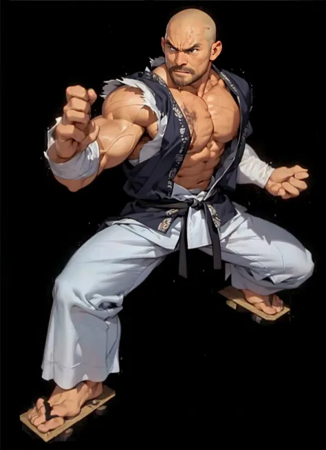 Shirtless and wearing white pants、A 40-year-old shirtless Japanese karateka with a black belt and moustache stands in a dimly lit dojo,Put your back against the wall,Oblique front view from the waist up,Sweating profusely,Open your mouth wide in pain,A fie...