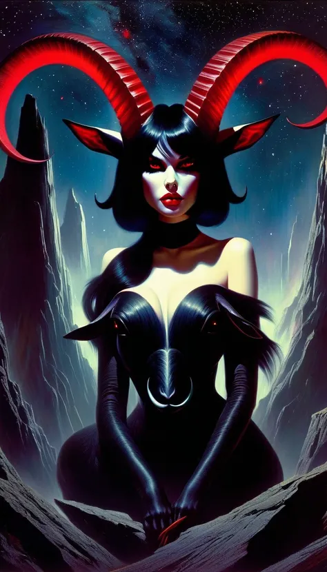 1 big black satanic goat with red eyes and 1 sexy girl with black hair, dark mountain, sinister, stars, background, art inspired by Bill Sienkiewicz (best quality,4k,8k,highres,masterpiece:1.2),ultra-detailed,(realistic,photorealistic,photo-realistic:1.37)...