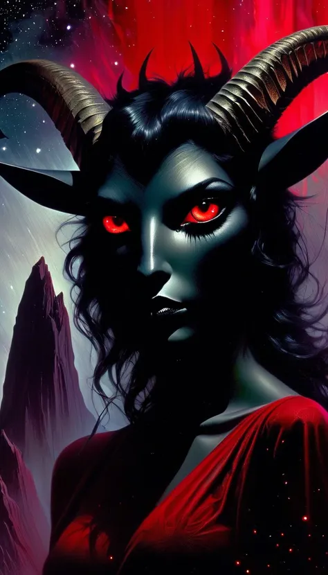 1 big black satanic goat with red eyes and 1 sexy girl with black hair, dark mountain, sinister, stars, background, art inspired by Bill Sienkiewicz (best quality,4k,8k,highres,masterpiece:1.2),ultra-detailed,(realistic,photorealistic,photo-realistic:1.37)...