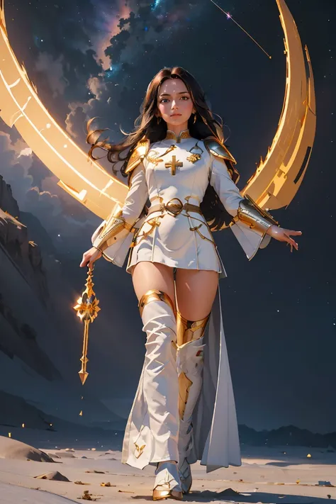 ((masterpiece, best quality, extremely detailed), volumetric lighting, ambient occlusion, colorful, glowing), 1girl, solo, young girl, (dark hair), long hair, halo, aura, sacred, goddess, cleric suit, (white outfit with gold detailst:1.3), armor, outdoors,...