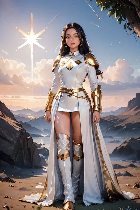 ((masterpiece, best quality, extremely detailed), volumetric lighting, ambient occlusion, colorful, glowing), 1girl, solo, young girl, (dark hair), long hair, halo, aura, sacred, goddess, cleric suit, (white outfit with gold detailst:1.3), armor, outdoors,...