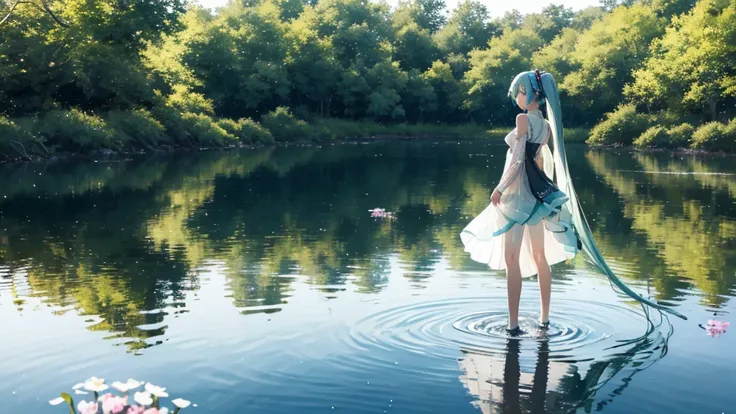 Hatsune Miku wearing a long transparent dress、Standing near a quiet lake。In the background is a calm water surface.、Flowers illuminated by the morning sun々is spreading、Her light blue hair is soft and shiny.。