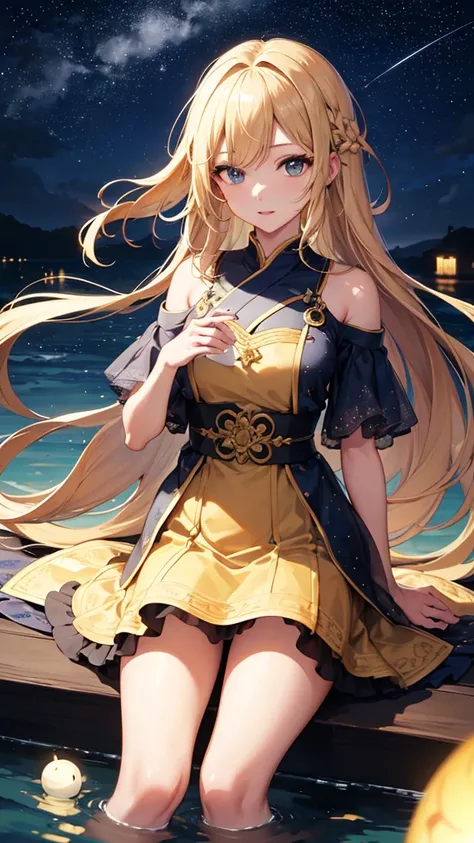 masterpiece, high quality, 4K, Beautiful design, silhouette，blonde， 非常に詳細な夜のStarry Sky,water&#39;Horn， wonderful, Finer details,  Very knowledgeable woman, Highly detailed solo, 1 female,Big Breasts， Pure white dress，Night view，Starry Sky，