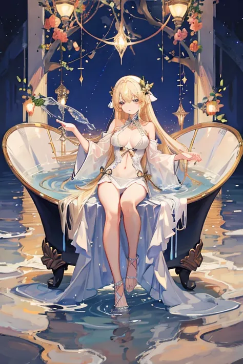 (masterpiece, Highest quality:1.2), (masterpiece, Highest quality:1.2), Girl, Swimsuit innerwear, Mysterious Dress, See-through dress, Long dress, Mythology, Atmospheric, Backlight, Blonde, Long Hair, accessories, nightの湖, water bath, masterpiece, Full bod...