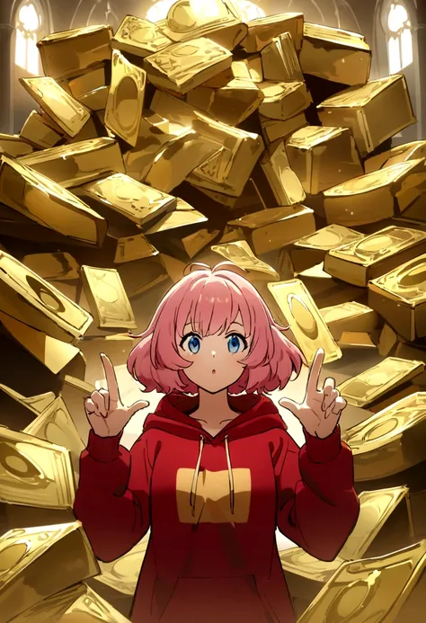 A poster of an anime girl with pink hair wearing a red hoodie holding up a gold ring, doing gang signs in front of giant golden money sculptures. "MUSIC" is written on the bottom n the style of an anime artist, with a background of a church made of glass w...