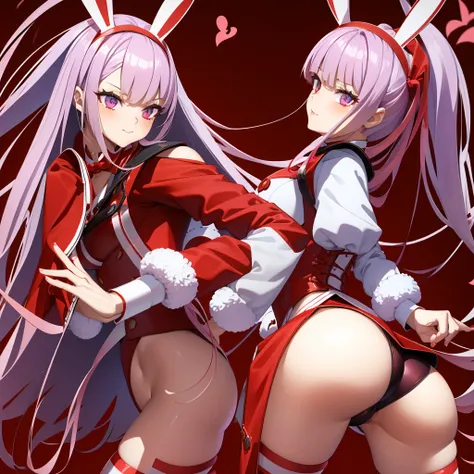 outrageous, best qualityer, 1 girl, standing alone, Red hair, purples eyes, long hair, big fit ass, oh Rabbit, bunny ears, red corset, gakuran, aprons, red ribbons around the neck, red skirt, headband, manga curta, wrist cuffs, white thigh highs, the jingl...