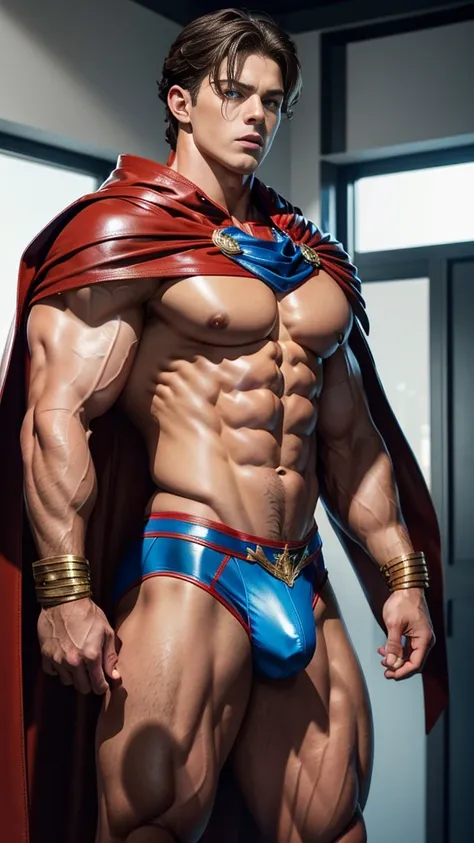 (Muscular young boy), huge strong biceps volume, flat chest small breasts, strong tonned exposed abs, muscular strong legs, bodybuilder muscles bursting in strength, exposed abs skin, blue eyes, wavy brown hair, tight leather red underwear and blue cape, h...