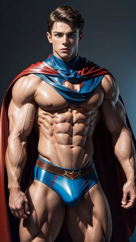 (Muscular young boy), huge strong biceps volume, flat chest small breasts, strong tonned exposed abs, muscular strong legs, bodybuilder muscles bursting in strength, exposed abs skin, blue eyes, wavy brown hair, tight leather red underwear and blue cape, h...