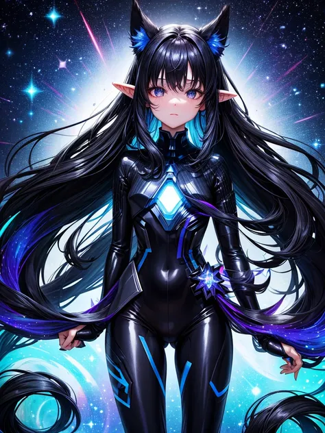 Black long hair black eyes glowing galaxy side ears glowing galaxy neck fluff wearing dark blue galaxy bodysuit dark blue galaxy bodyauit socks and have glowing galaxy tail