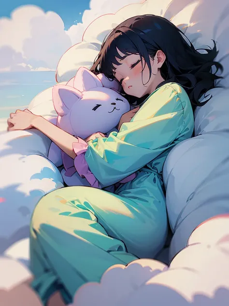 ((Girl sleeping on a cloud))  pajamas holding a stuffed animal