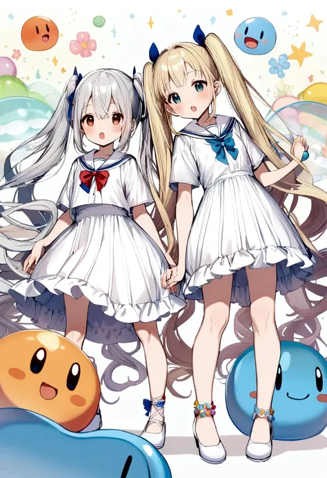 Two Girls, Puni, Silver Hair, Blonde, Very Long Hair, Twin tails, Sailor collar, White dress with frills, White low heels