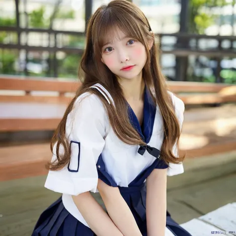 Sitting pose、Sailor suit、Light brown hair、{Medium-long hair}、、1 girl, Realistic Young Gravure Idol, Young Sensual Gravure Idol, Young and cute gravure idol, Japanese Model, Nara Yoshitomo, Young Gravure Idol, Real fleshy gravure idol, A sophisticated gravu...