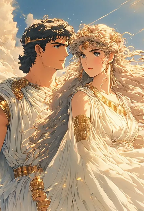 Very best quality, masterpiece , a very retro vintage kinda look feel 8K,High HD,higher rselutionHigh quality very anime semi realism In Ancient classical Athens Show a young strong powerful looking handsome youvng man a yoing very lovely woman in ancient ...