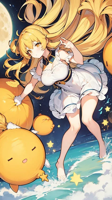 Full body, cute, baby face, big breasts, honey blonde hair, orange eyes, full moon, bed, white dress, sleeping, 1 person