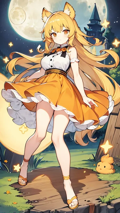 Full body, cute, baby face, big breasts, honey blonde hair, orange eyes, full moon, bed, white dress, sleeping, 1 person