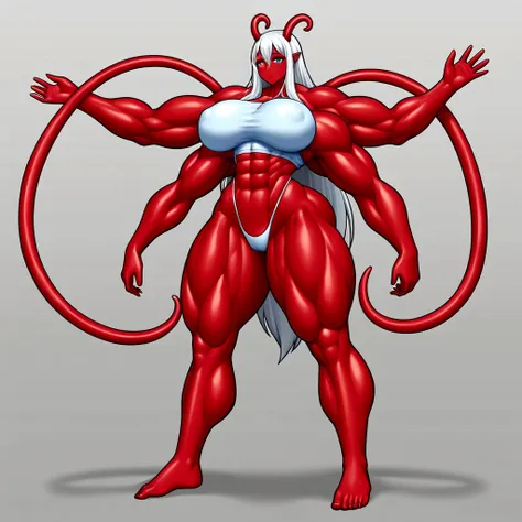 Tentacle girl, white long hair, gigantic muscular body, gigantic penis with big balls, 4 arms, full body.