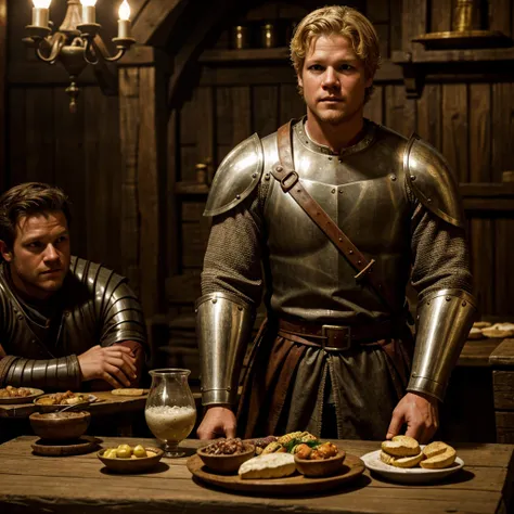 christopher egan as a handsome medieval knight sits at a table in a tavern, in front of him is a fat, obsequious innkeeper