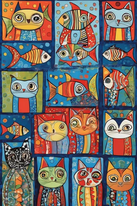 Karla Gerard Art, Folk Art - scandanavian folk art whimsical patterns. stylized figures. Tropical fish, harlequin fish, angel fish, cardinal fish, inside glass bowls. long-necked cats, watching them. Solid color background