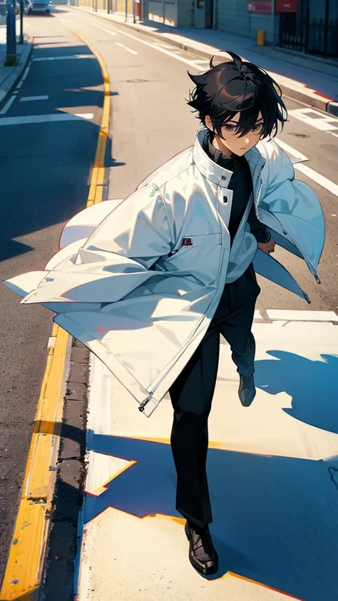 Anime character man with black hair in white jacket with black pants walking on the sidewalk 