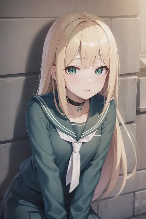 masterpiece, Highest quality, Perfect lighting, Facial lighting, Blonde, choker, Green Eyes, Long Hair, Sailor suit showing collarbone, Japanese ,blush, BREAK Watch Viewers, Outdoor rest, Leaning against a wall