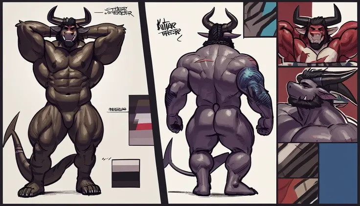 
red colored bara minotaur, white countershade, dark violet skin,  strong physique, fangs, large horns, tattoos, braided hair, scarlet colored eyes, very muscular, perfect anatomy, scars on body, full body view in frame,  solo, masterpiece, manly pose, bea...