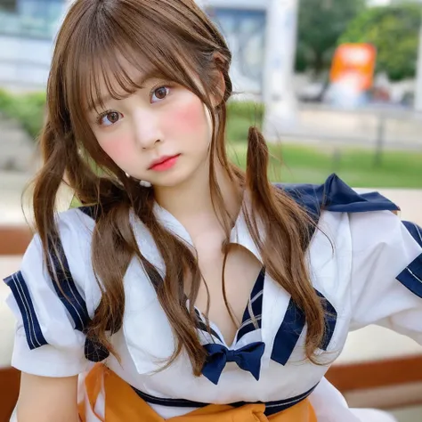 Checked chest ribbon、Sailor suit、Light brown hair、{Medium-long hair}、、1 girl, Realistic Young Gravure Idol, Young Sensual Gravure Idol, Young and cute gravure idol, Japanese Model, Nara Yoshitomo, Young Gravure Idol, Real fleshy gravure idol, A sophisticat...