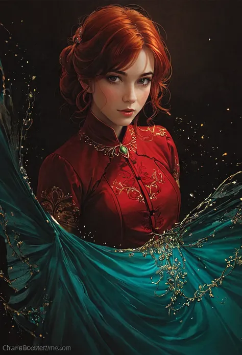 charlie bowater&#39;s realistic lithograph portrait of a woman, flowers, [gear], pipe, dieselpunk, multicolored ribbons, old pap...