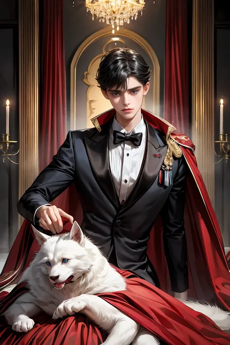 
masterpiece, 最high quality, high quality, 1 boy, alone, Male focus, Watching the audience,  Messy black hair, Adorable big blue eyes, White people, Noble, Noble,Sexy voluminous black and red cape、Tuxedo、A very voluminous, large, very large, very large, lo...