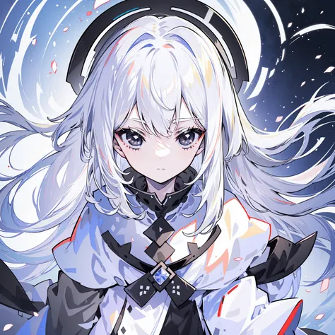 (Top image quality)、(Ultra Detailed)、(Facing forward)、top quality、masterpiece、(((1 girl)))、Silver Hair、white hair、((Long hair))、(black eyes:1.6)